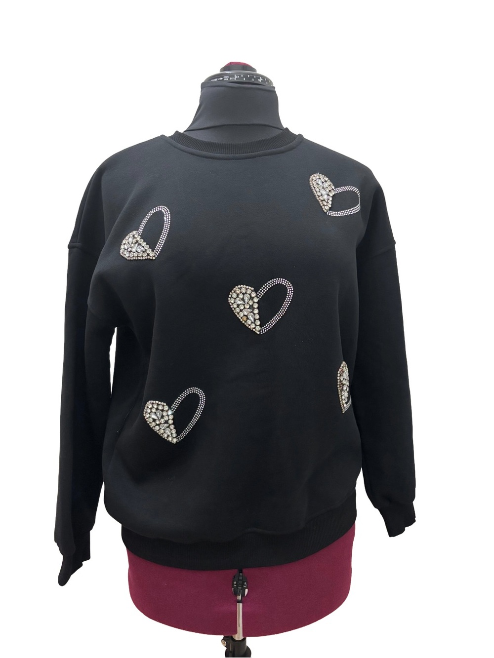MINT - Black Rhinestone Heart Embellished 100% Cotton Sweatshirt